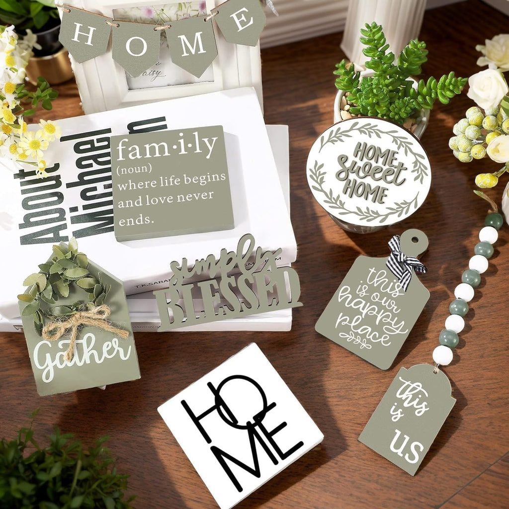 11PCS Farmhouse Tiered Tray Decor Set – Rustic Wooden Mini Signs and Decorations for Home and Kitchen Display (Tiered Tray Not Included)