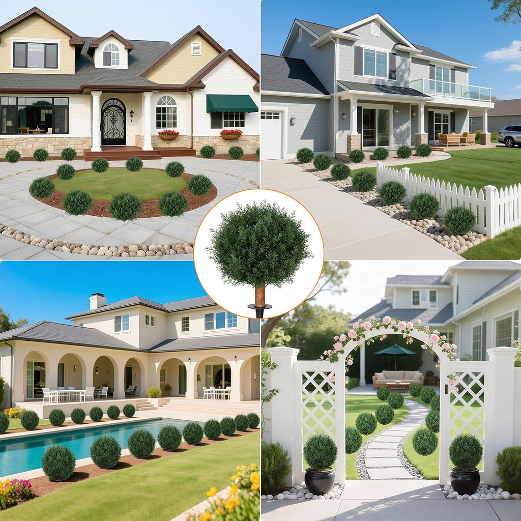 Artificial Cedar Topiary Ball Trees with Ground Spike Set of 2, 24.6 inch UV-Resistant Faux Shrubs for Indoor/Outdoor Decor – Fake Cypress Perfect for Garden, Porch, and Patio