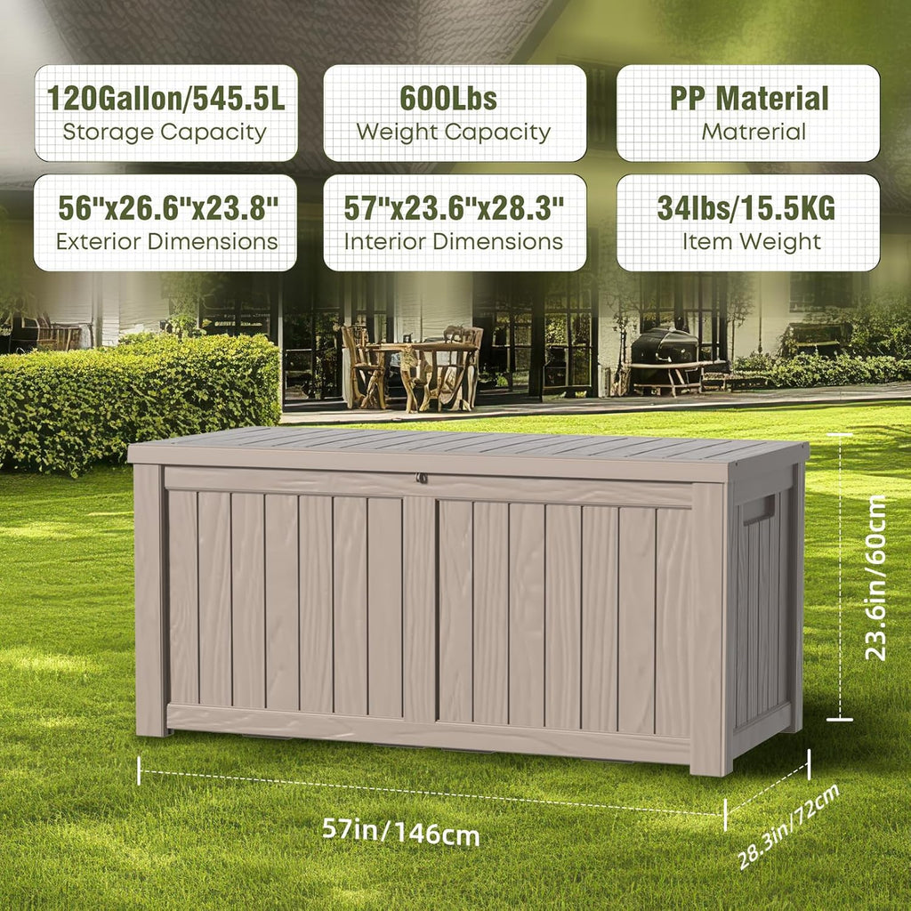 DRATO 120 Gallon Large Deck Box, Outdoor Storage Box for Patio Furniture, Patio Cushions, Gardening Tools, Pool Supplies,660lbs Weight Capacity,Waterproof Resin Storage Boxes