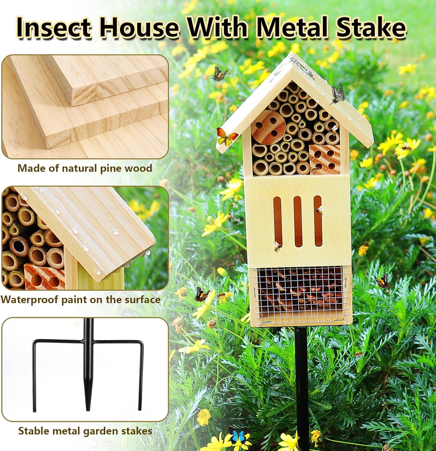 Wooden Insect House, Bee House with Metal Stake for Gardens, Insect Hotel & Butterfly Hotel on The Ground or Hanging on Tree Wall, Natural Insect Habitat for Bee, Butterfly, Ladybirds, Bugs
