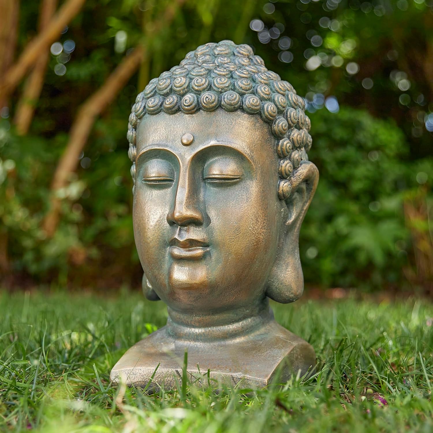 Glitzhome MGO Faux Bronze Buddha Head Garden Statue Indoor and Outdoor Sculpture Decoration, 16" H