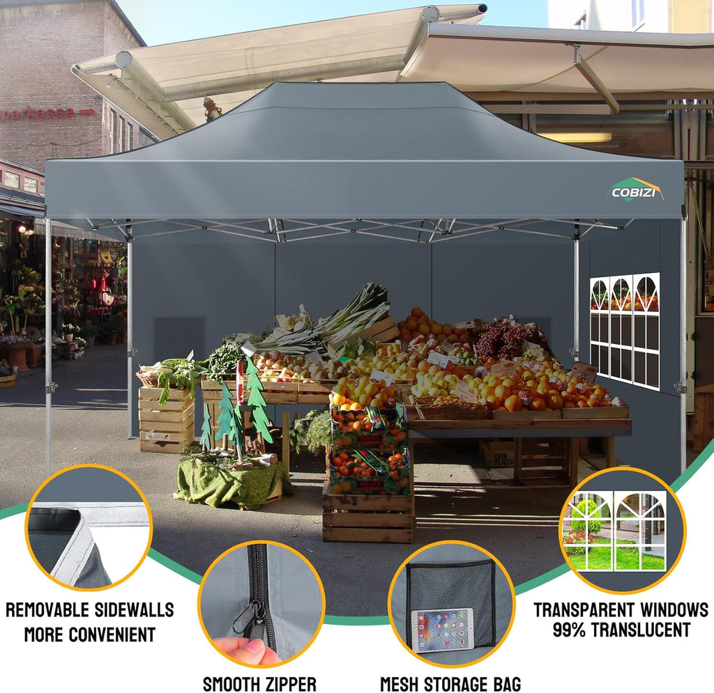 COBIZI 10x15 Pop up Canopy Heavy Duty with 4 Sidewalls, Easy Set-up Commercial Outdoor Party Canopy, 100% Waterproof Wedding Gazebo, 3 Height Adjustable with Handbag, Gray