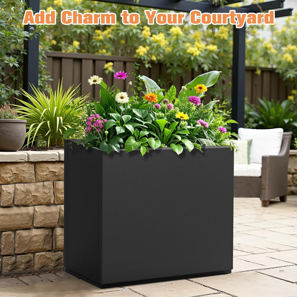 Rectangle Planter for Indoor & Outdoor, Tall and Long Planter Boxes with Drainage Holes, Mental Divider Planter Box All-Weather Use for Plants, Flowers, 29.9" L x 12" W x 24" H, Black