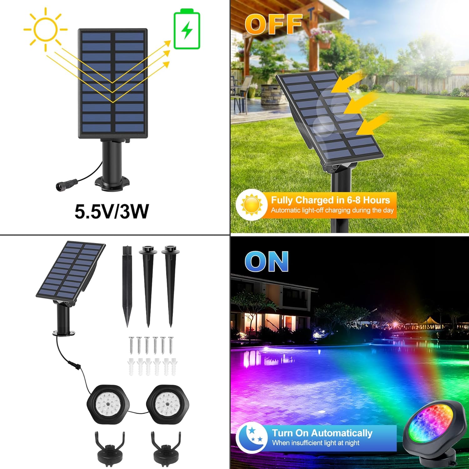 Solar Pond Lights, 18 LED Super Bright RGB LED Underwater Spotlights Color Changing Submersible Pond Light IP68 Waterproof Fountain Lights for Fish Aquarium Tank Garden Yard Pool (2-in-1)