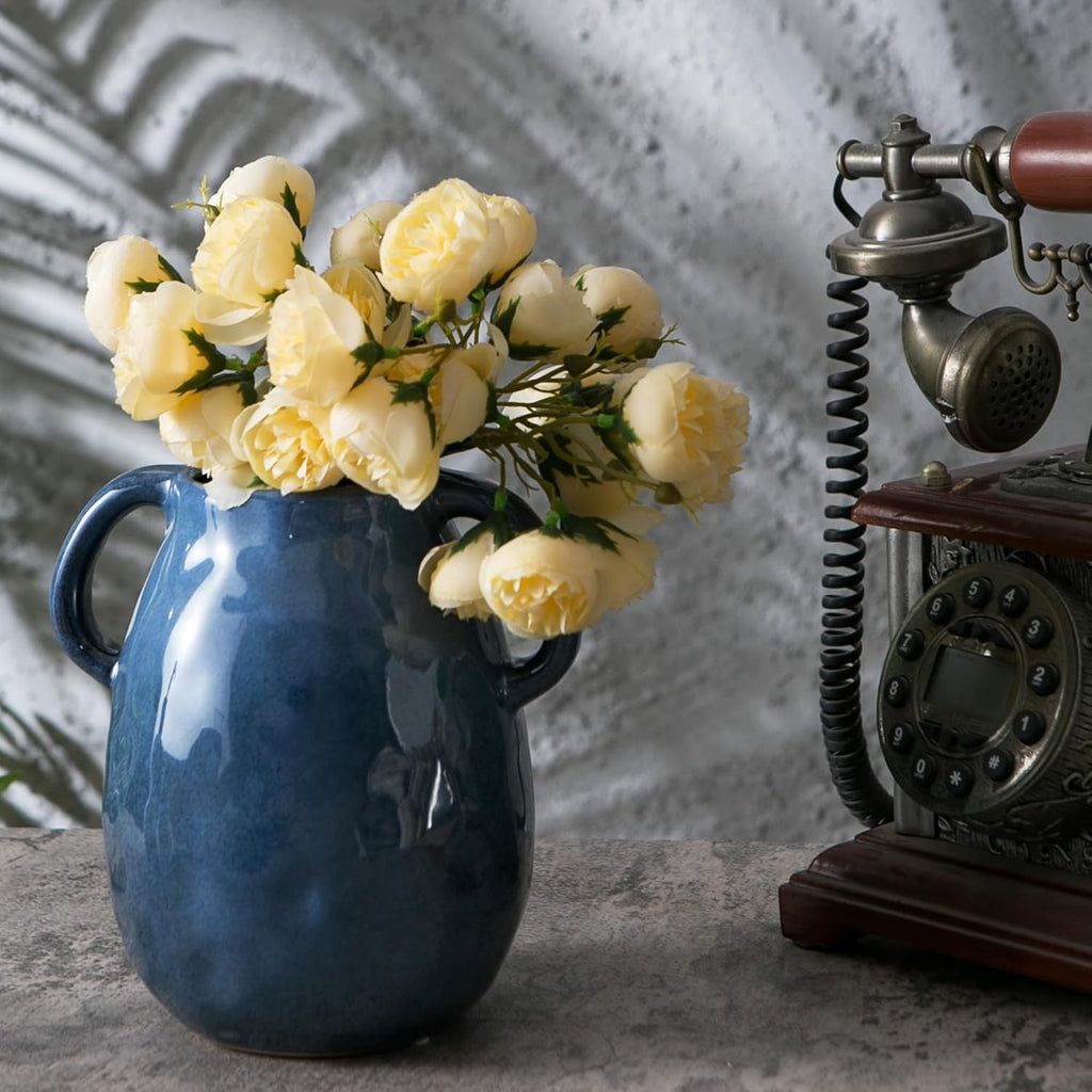Blue Ceramic Vase with 2 Handles - Modern Farmhouse Rustic Terracotta Decorative Clay Boho Vase for Pampas Grass and Home Decor