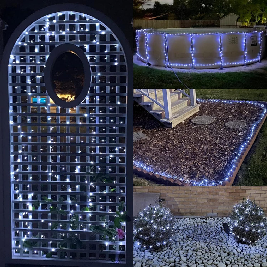 YEGUO White Solar Fairy Lights Outdoor Waterproof, 4 Pack Each 33ft 100 LED String Light, 8 Modes Silver Wire Twinkle Lights