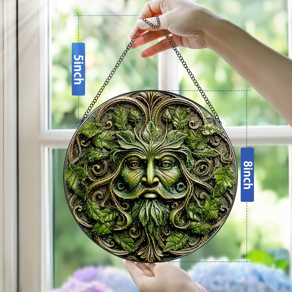 Green Man Stained Glass Suncatcher, Stained Glass Window Hanging, 8 Inch Window Decor Hanging, Gift for Garden Lovers, Fathers Day Birthday Gifts for Dad Grandpa Man Bother Husband Lover