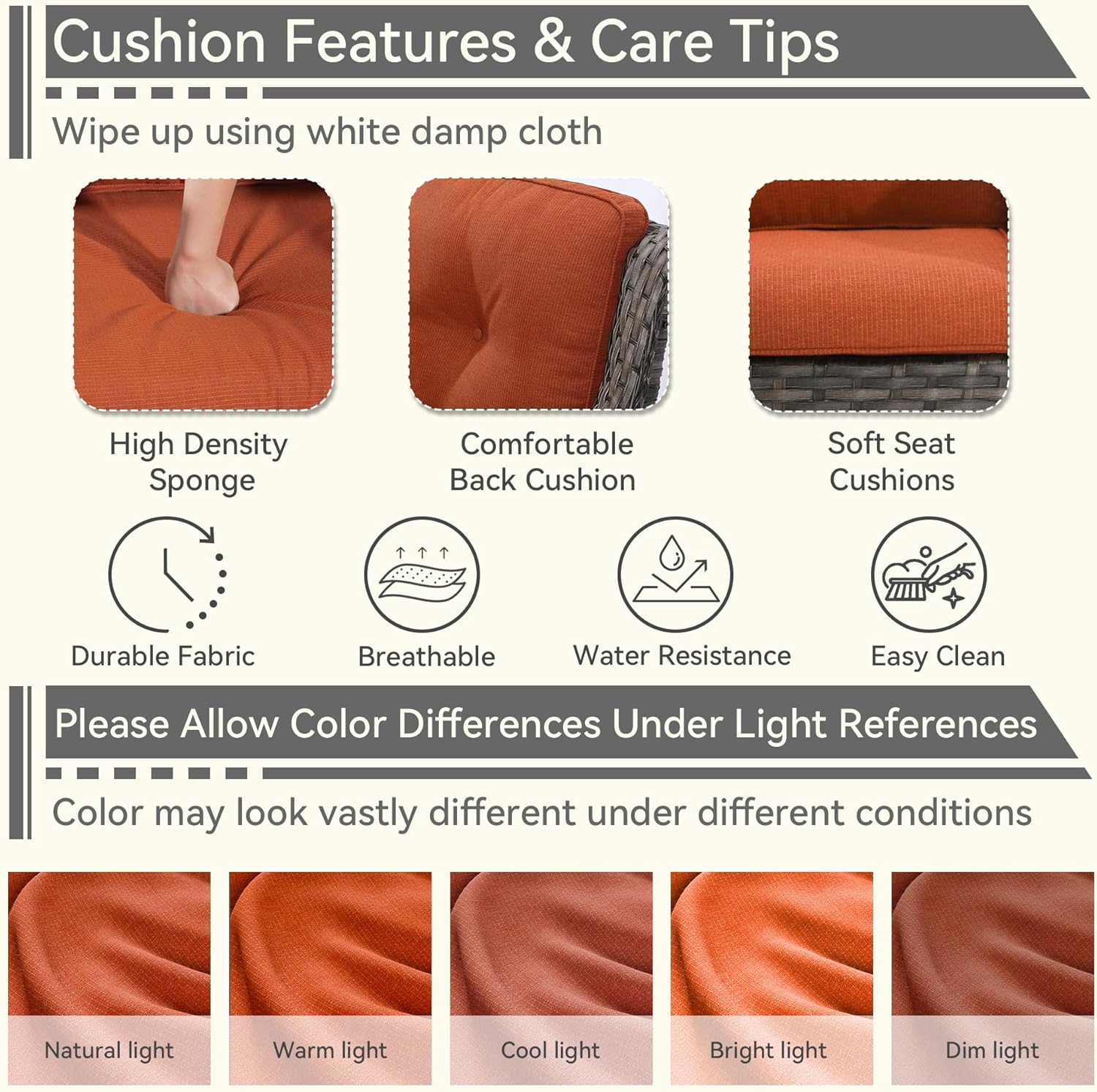 1 PC Outdoor Rocking Chair, Wicker Patio Rocker Chair for Yard, Porch, Mixed Brown Grey Rattan, Orange Cushions