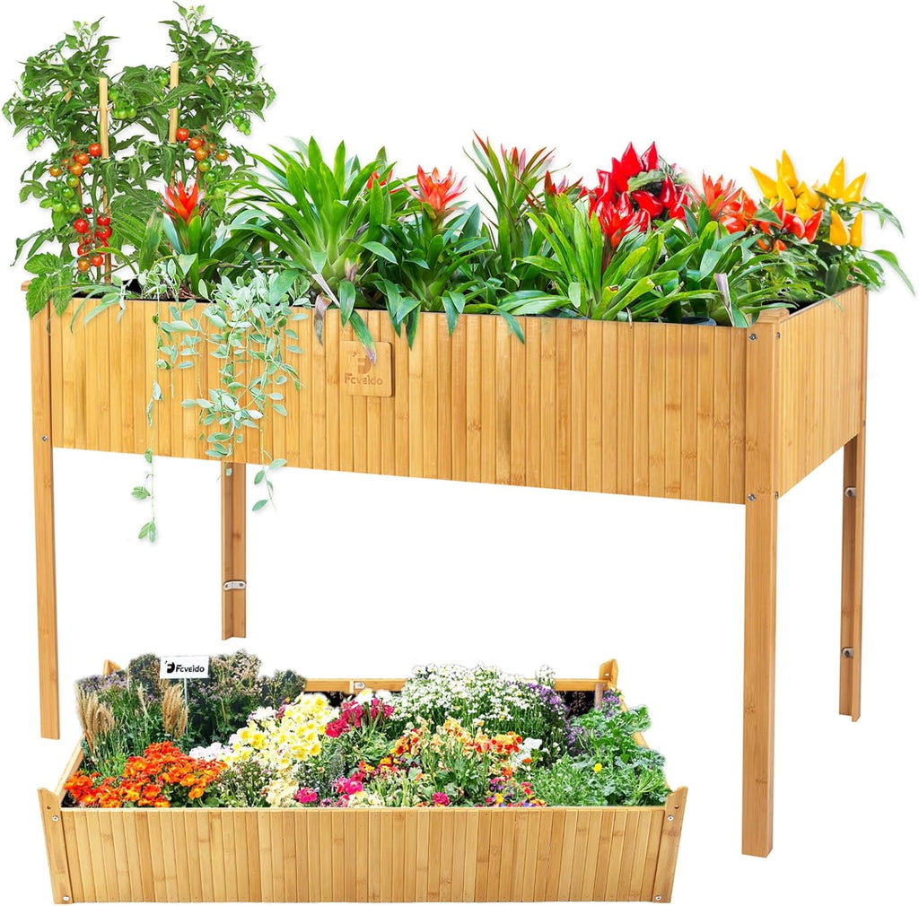 Raised Garden Bed - 2-Tier Elevated Planter Box for Herbs, Vegetables, Succulents & Flowers | 48x25x30 Inch Standing Growing Bed | Outdoor/Indoor Bamboo Planter