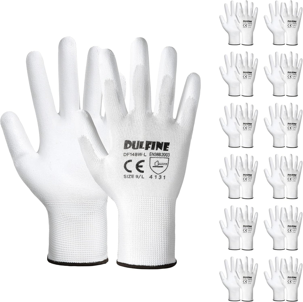 Safety Work Gloves PU Coated-12 Pairs,White Seamless Knit Glove with Polyurethane Coated Smooth Grip on Palm & Fingers, for Men and Women, Ideal for General Duty Work (XX-Large)