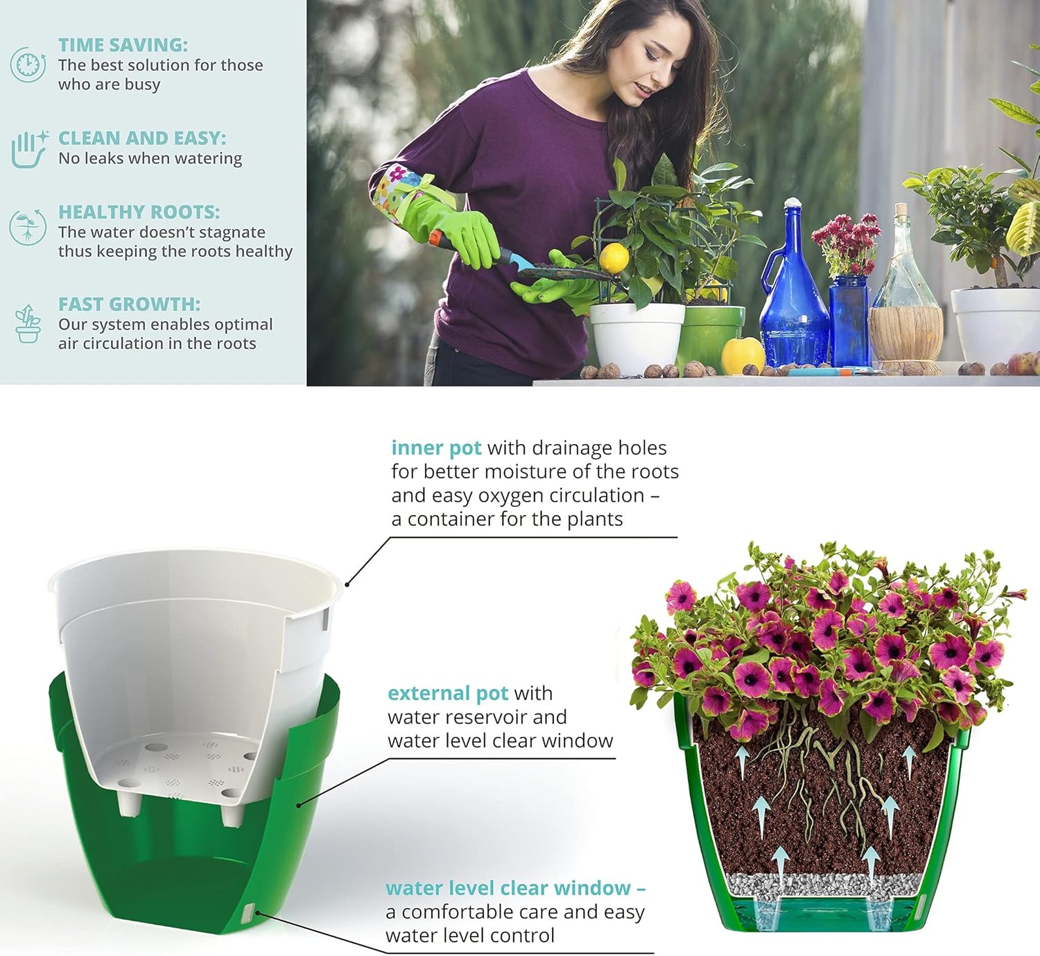 Santino AST 7.9 Inch Self Watering Planter Black-Gold/Black - Set of 3 for Indoor Plants - Premium Quality Plastic Pot with Water Level Indicator for All House Herbs, African Violets and Dahlias