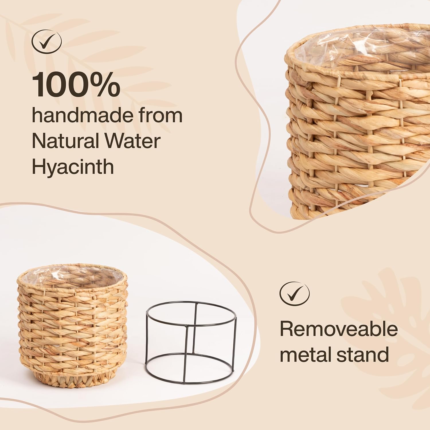 Set of 2 Water Hyacinth Planter Pot with Metal Stand - Indoor Plant, Flower, Succulent, Basket Planter, Decorative Pot Cover (Twisted)