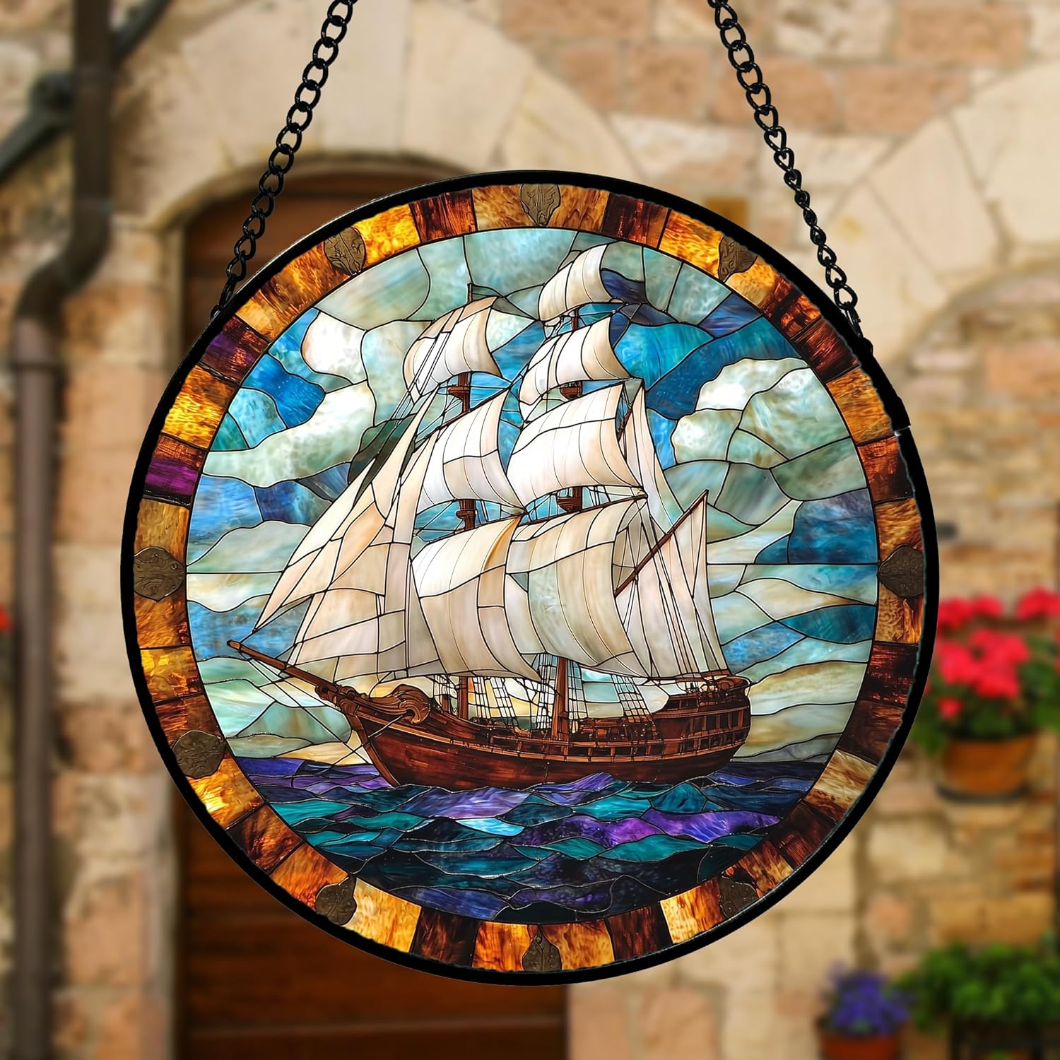 Stained Glass Window Hanging, Sailing Ocean Sun Catchers Glass Panel Navigation Suncatcher Decor for Birthday for Women, Men, Wife, Aunt, and Mom 7.8 in