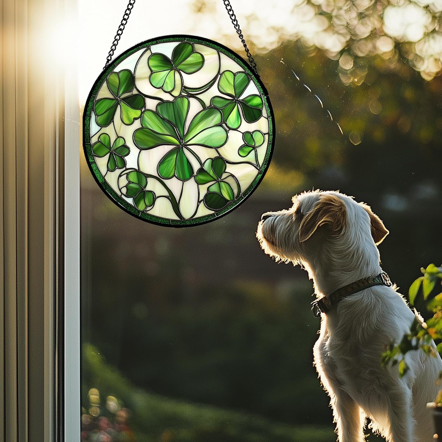 Stained Glass Window Hanging - Green Clover Flowers Suncatcher for Doors Garden St. Patrick's Day Plant Floral Sun Catchers Decor Mother's Day Birthday Gifts for Women Men Mom Nana 11.8 in