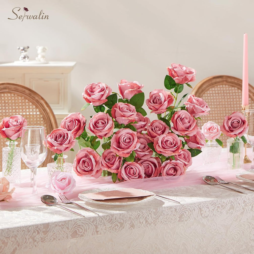 Serwalin 30pcs Artificial Roses Flowers, Dusty Pink Roses with Long Stems Realistic Fake Silk Roses Flowers for DIY Wedding Bouquet Centerpieces Party Home Table Decor