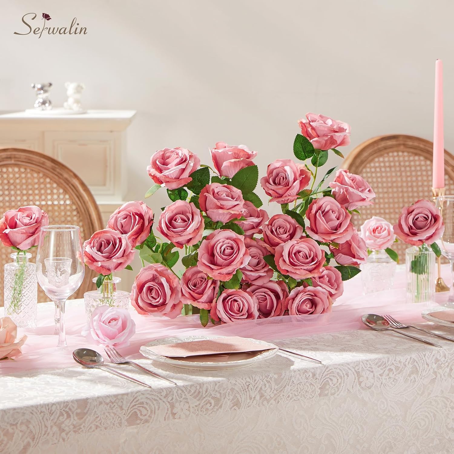 Serwalin 30pcs Artificial Roses Flowers, Dusty Pink Roses with Long Stems Realistic Fake Silk Roses Flowers for DIY Wedding Bouquet Centerpieces Party Home Table Decor