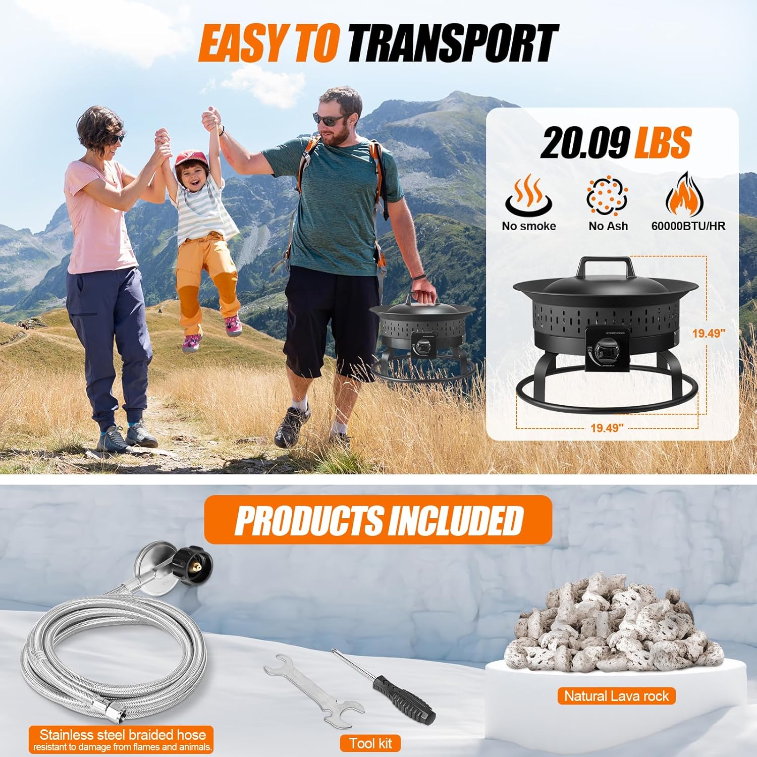 Outdoor Portable Propane Fire Pit, 19-Inch,60,000 BTU with Cover&Carry Handle,Fireplace,Gas Firebowl Smokeless,Portable Fire Pit for Outside Patio, Backyard, Camping,RV,Deck,Tailgating