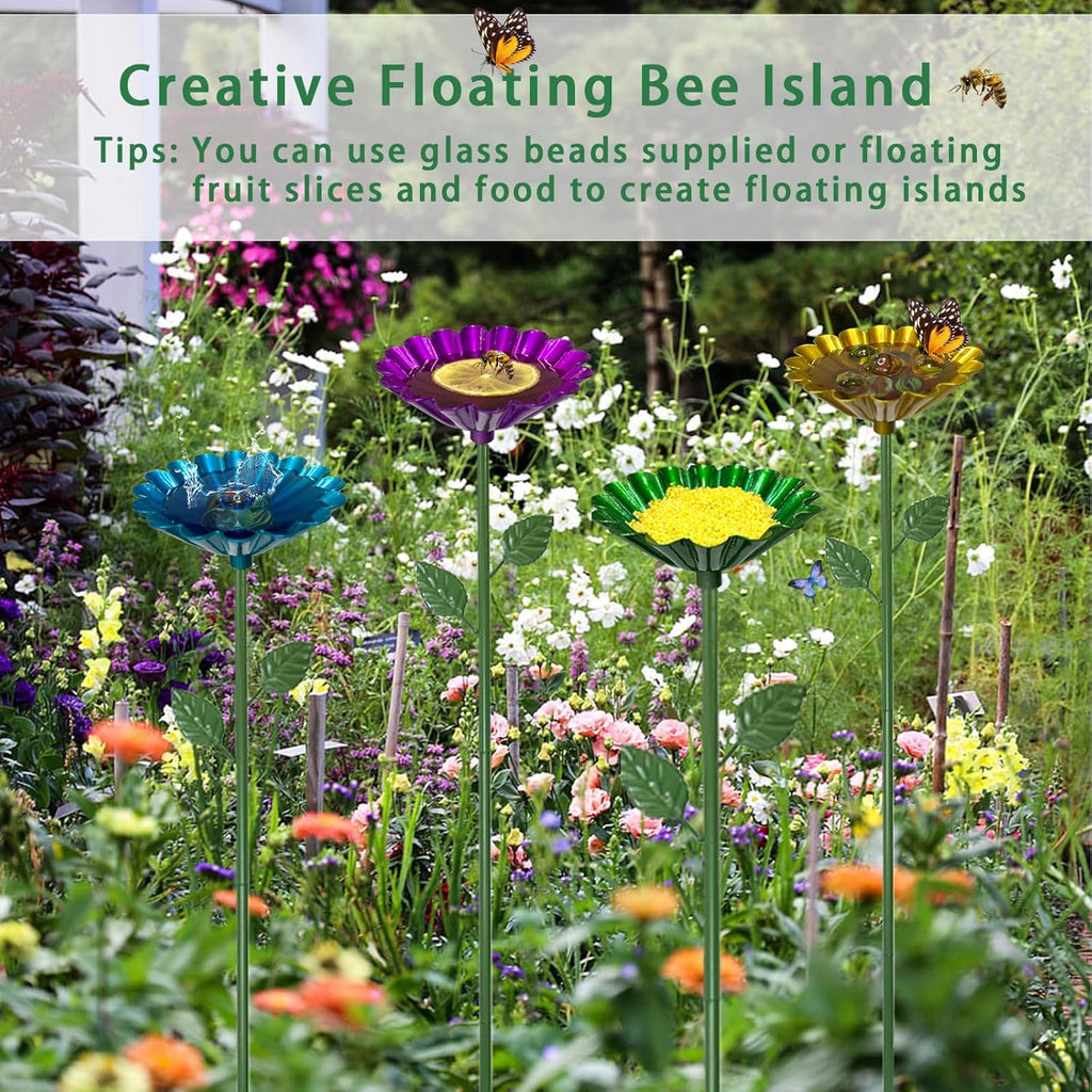 Bee Watering Station for Garden with 20 Marbles,Butterfly Watering Station for Outdoor Decor in Flower Design,Water Feeder to Attract Pollinators(Red,Green,Blue,Yellow)