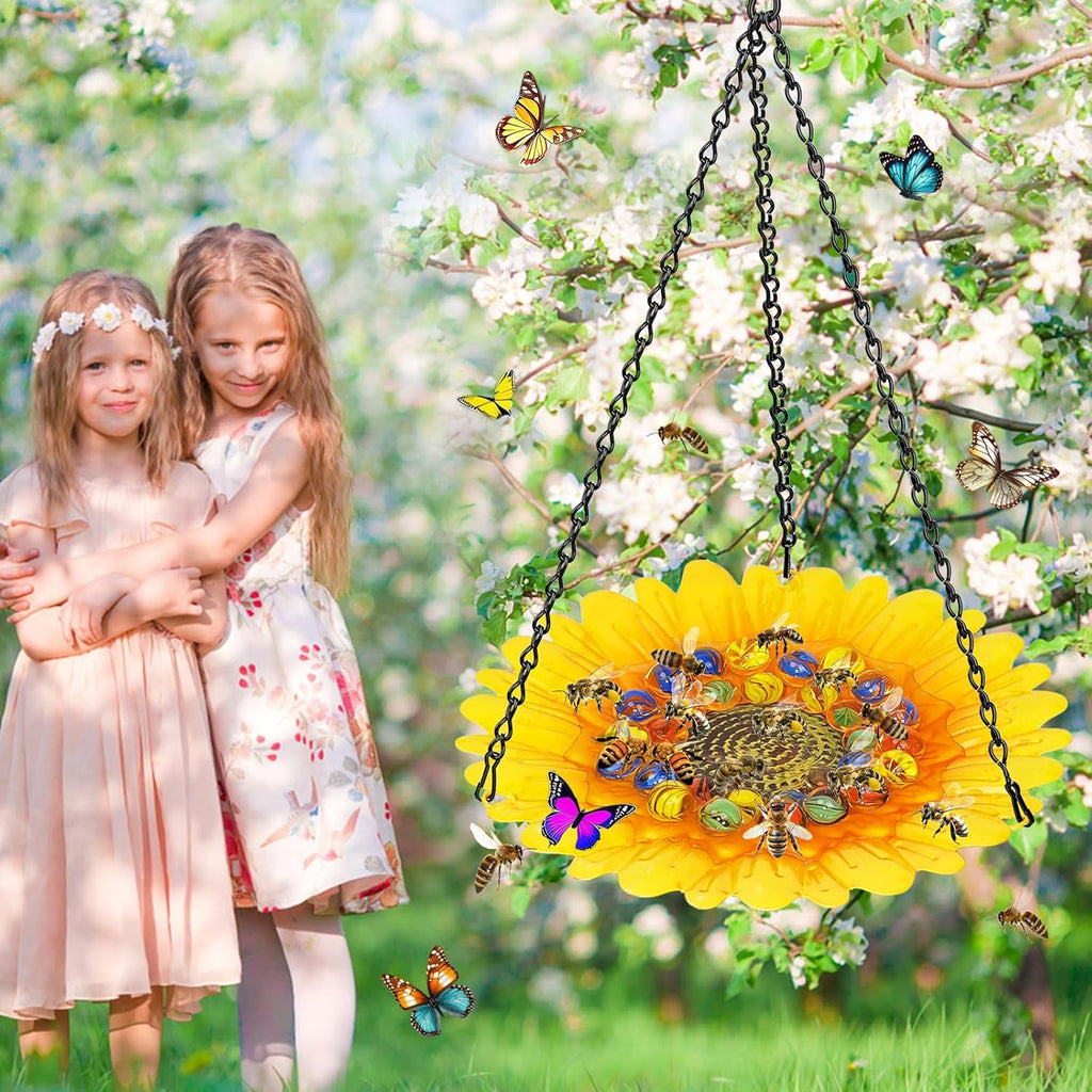 Bee Watering Station for Garden, Bee Bath Feeders for Outside with Vivid Flower Design, Hanging Butterfly Bath Bowl with Glass Balls for Outdoor Courtyard Decoration (2Pcs-Yellow)
