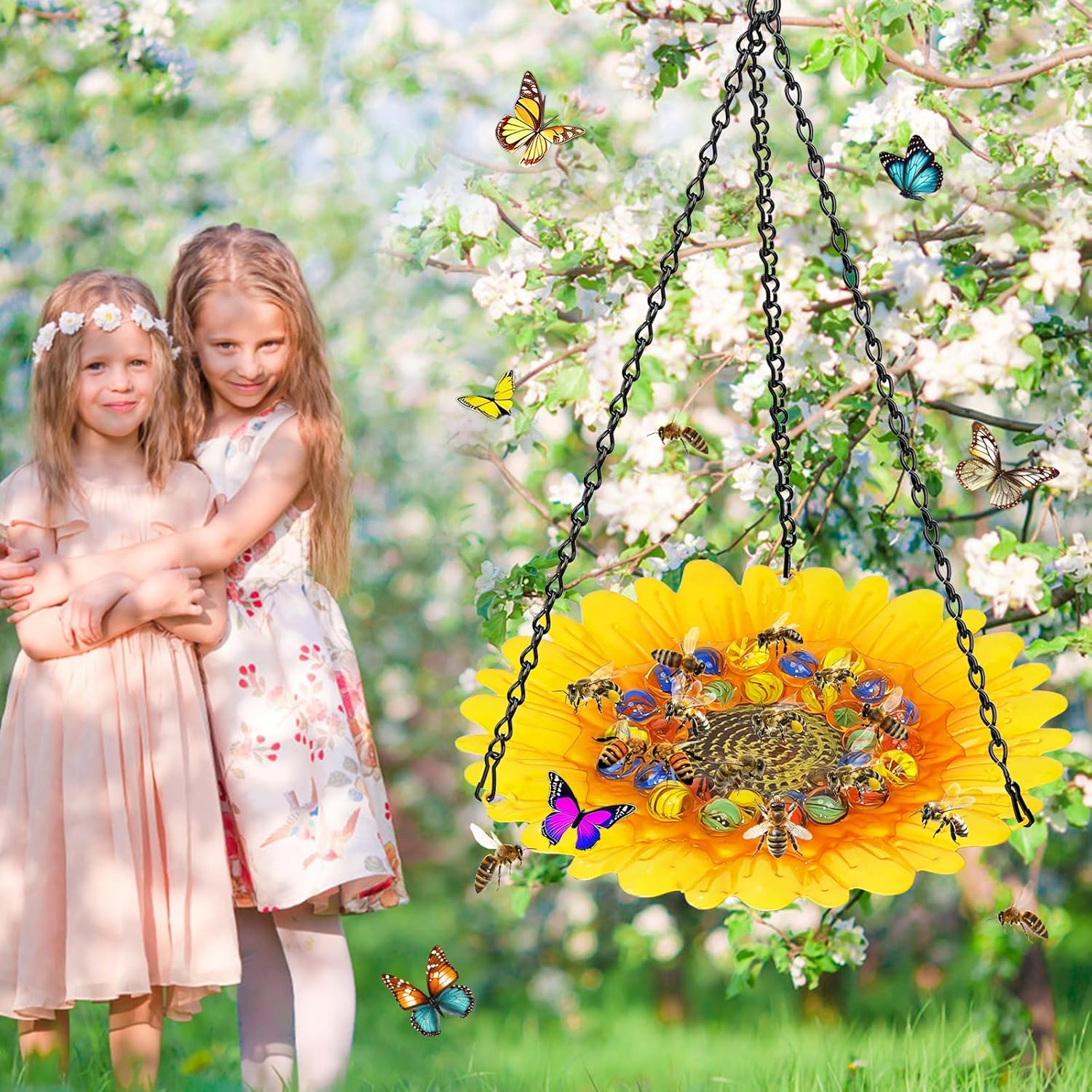 Bee Watering Station for Garden, Bee Bath Feeders for Outside with Vivid Flower Design, Hanging Butterfly Bath Bowl with Glass Balls for Outdoor Courtyard Decoration (1Pcs-Yellow)
