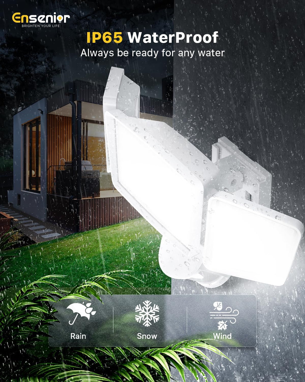 Ensenior 1800LM Solar Flood Lights Outdoor, Motion Sensor Outdoor Light 6500K, IP65 Waterproof, Separate Solar Panel, Solar Security Light with 5 Sensor Modes and 3 Adjustable Head for Yard (White)