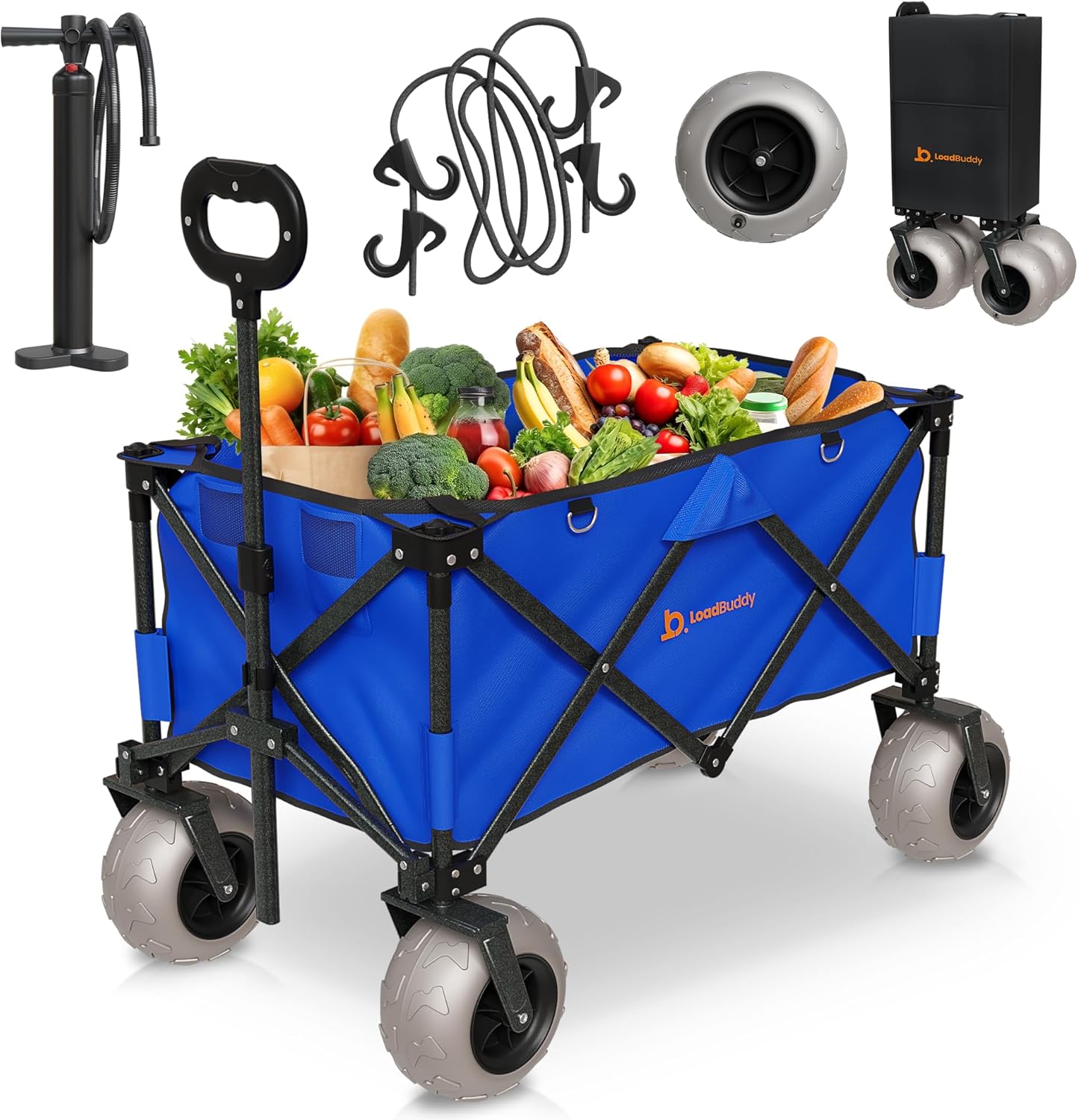 Beach Wagon with 9" Balloon Wheels & Fishing Rod Holders – Foldable Cart for Sand with Inflatable Tires, Bonus Pump & Spare – Heavy Duty Utility Wagon - Gray/Orange