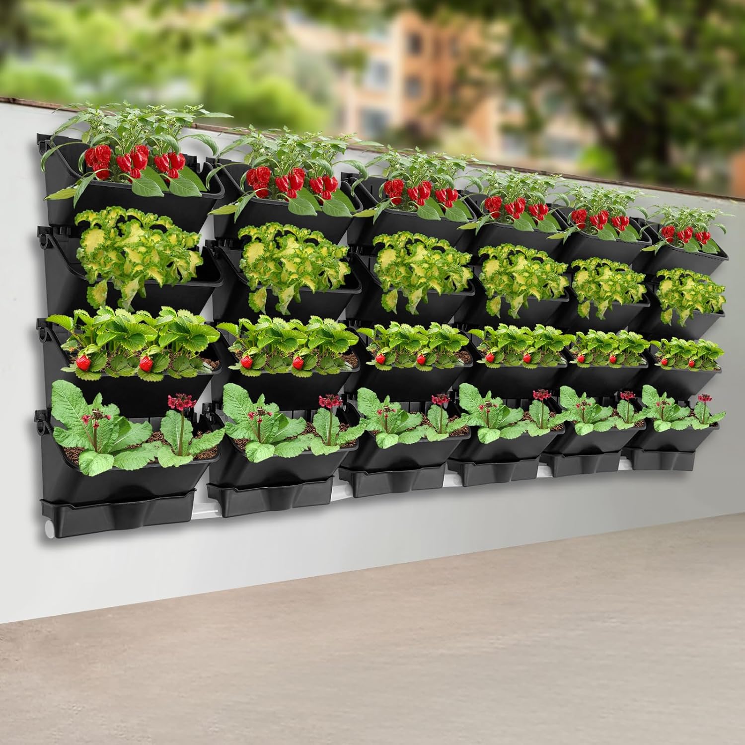 Vertical Wall Planter with 24 Pots, Hanging Garden Plant Flowerpot Holder, Stackable Wall-Mounted Planter, Balcony Planters for Flowers Vegetables Fruits (Black, 24 Pots+6 Drainage Planters&Pipe)