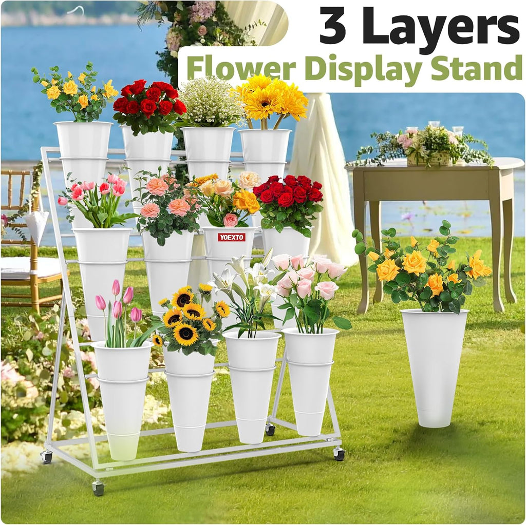 Flower Display Stand 3 Layers with 12 PCS Round Buckets, Plant Stand with Wheels, Movable Metal Plant Stand for Terrace Garden, Florist Shop