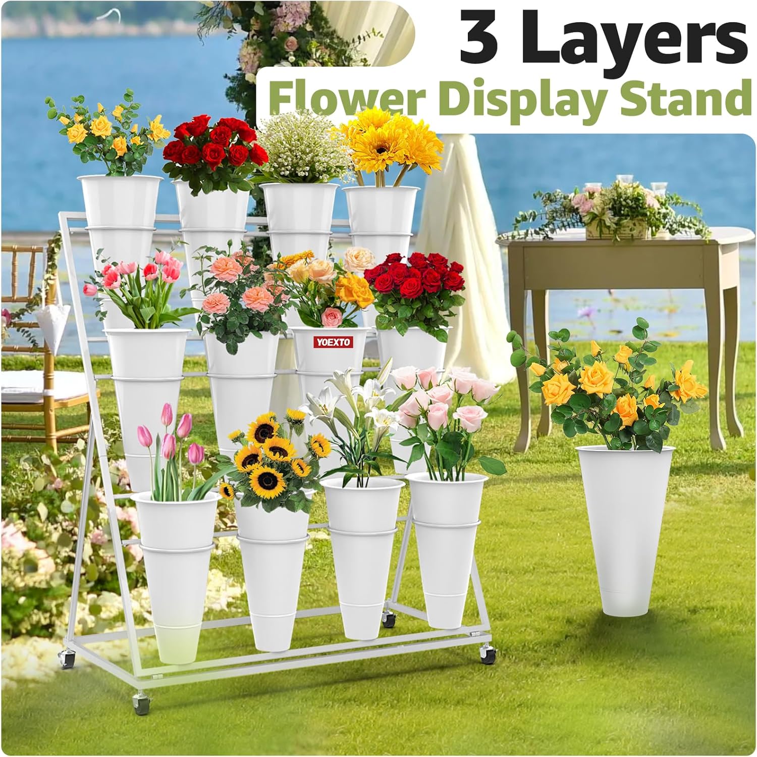 Flower Display Stand 3 Layers with 12 PCS Round Buckets, Plant Stand with Wheels, Movable Metal Plant Stand for Terrace Garden, Florist Shop