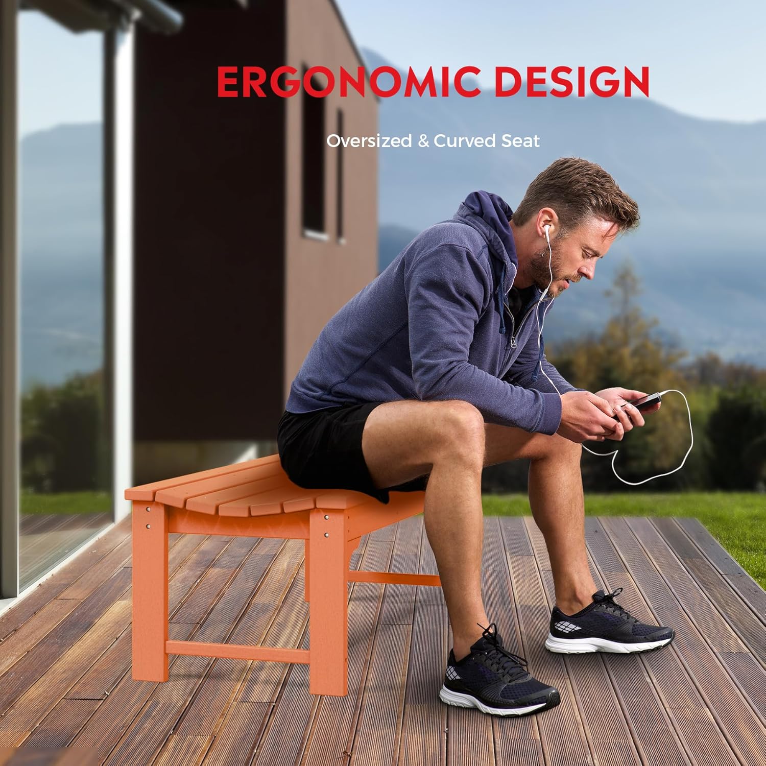 Outdoor Benches Weatherproof, All Weather Resistant Park Bench Poly Lumber Backless Garden Bench Seat for Entryway Front Porch, Orange