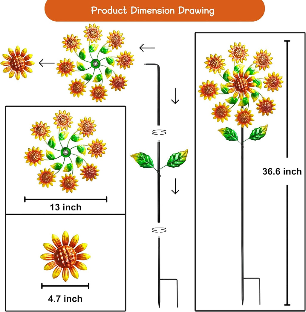 Outdoor Wind Spinner, 37" Metal Sunflower Wind Spinner with Stake, 360° Rotating Windmill Yard Art, Sunflower Outdoor Decor for Home Lawn Backyard Patio Decor, Gifts for Garden Lovers