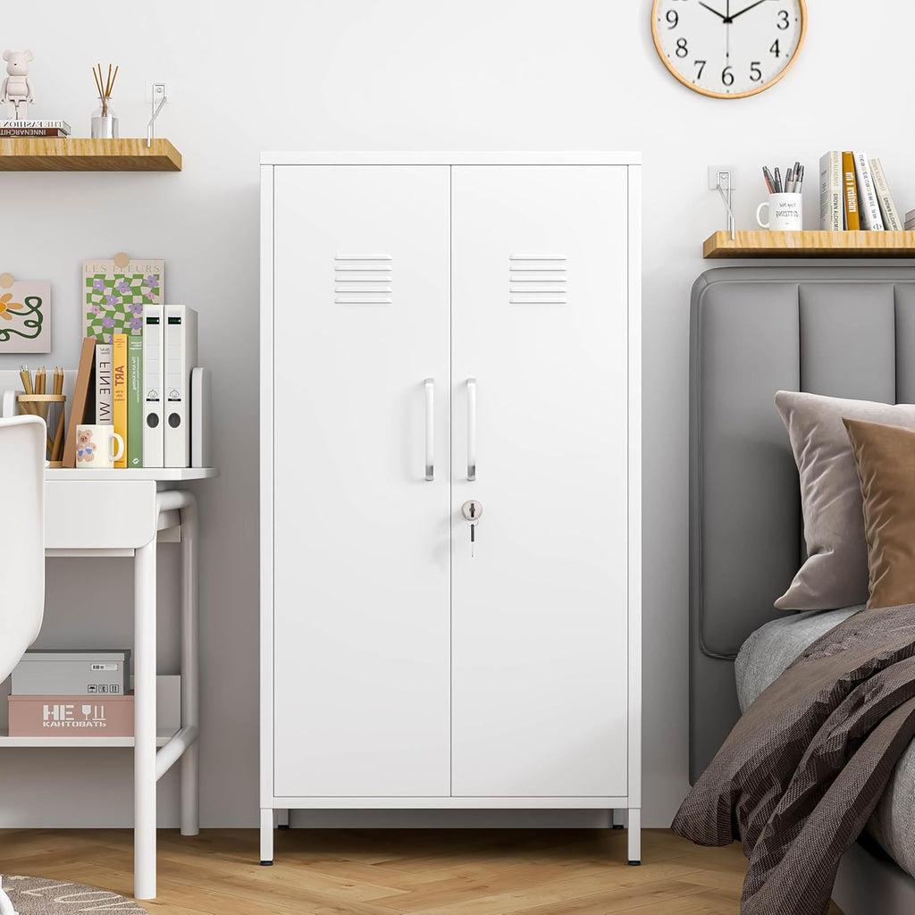 47" Metal Storage Locker, Lockable Employees Metal Locker with 2 Door and Adjustable Shelves, Steel Locker for Home, School, Office, Gym (White)