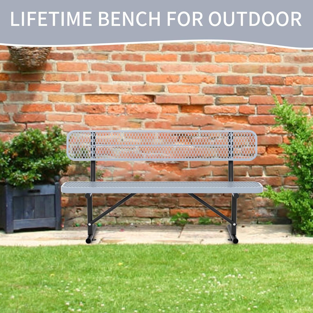 6 Feet Heavy Duty Metal Park Bench for Outside, Outdoor Bench with Backrest & Portable Frame, Commercial Benches for Shopping Malls, Stores, Parks, Patios, Decks, Grey