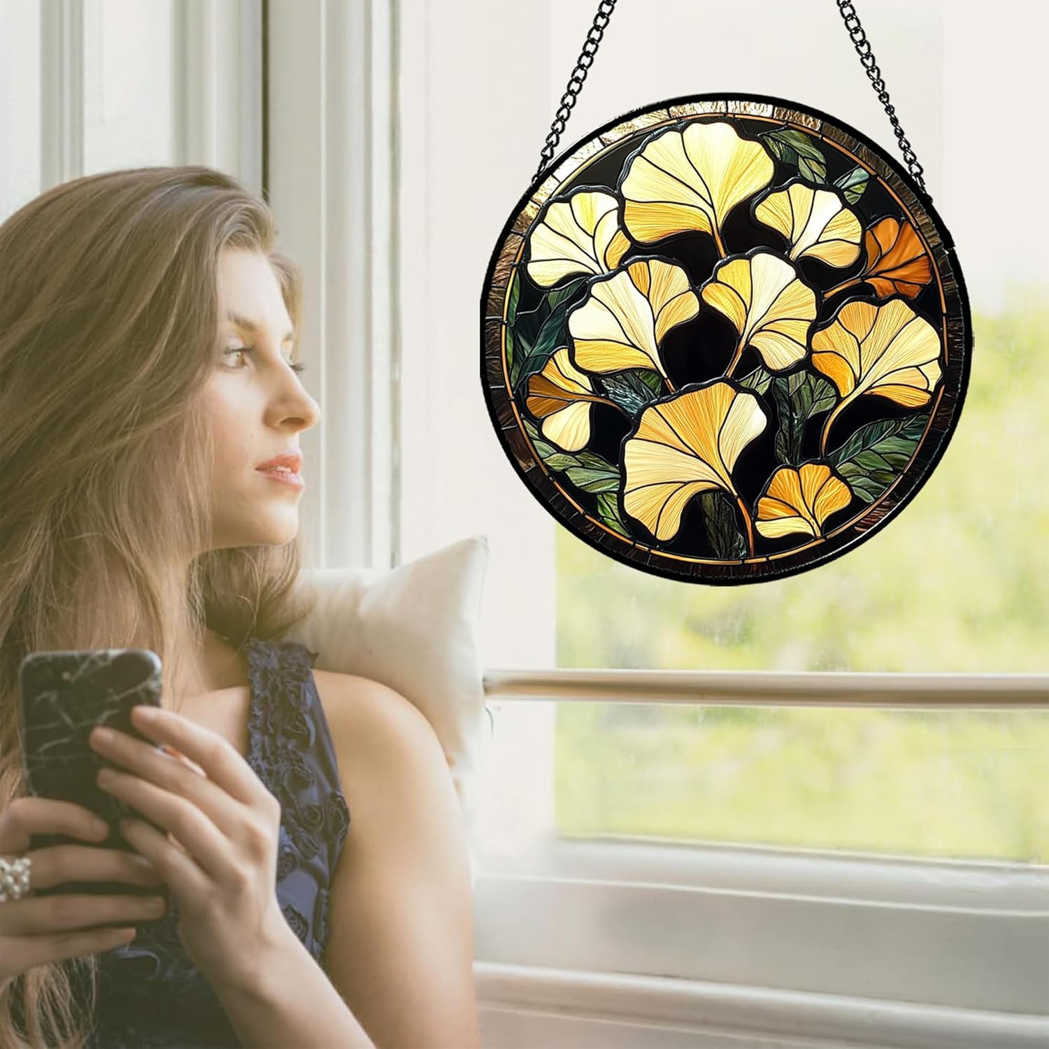 Stained Glass Window Hanging - Ginkgo Leaf Suncatcher for Doors Garden Patio Retro Fall Decor Sun Catchers Christmas Mother's Day Birthday Gifts for Women Men Mom Nana Friend 7.8 in