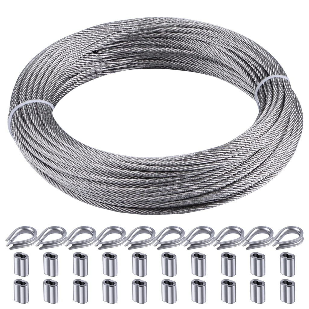 100FT 1/16" Wire Rope Kit, 7x7 Marine Stainless Steel Strand Core, T316 Strength for Hanging, Aircraft, Yard, Garden, Deck Railing, Trellis Wire with Crimping Sleeves, Thimbles
