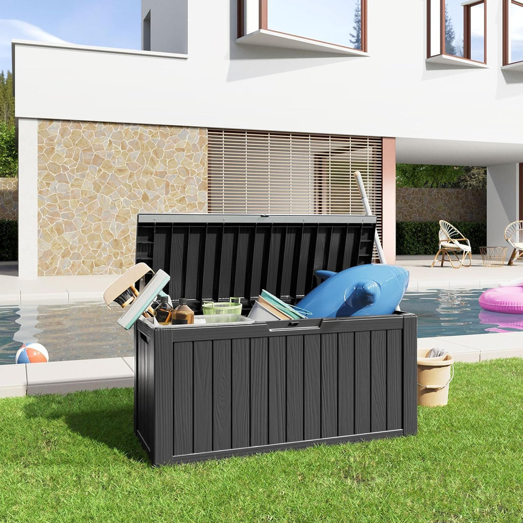 80 Gallon Resin Deck Box, Lockable Outdoor Storage Box for Patio Cushions Storage Furniture,Garden Tools, Pool Supplies, Weatherproof and UV Resistant- Black (80 Gallon)