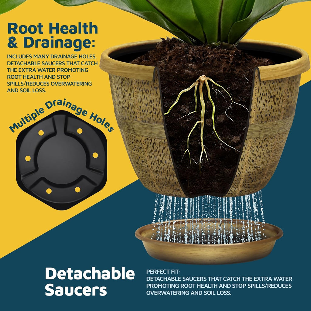 10-Inch Whiskey Barrel Planters Outdoor Pack of 2 - Durable Plastic Plant Pots for Indoor & Outdoor Use with Drainage & Saucer, Lightweight Rustic Barrel Planters for Flowers, Herbs & Small Plants