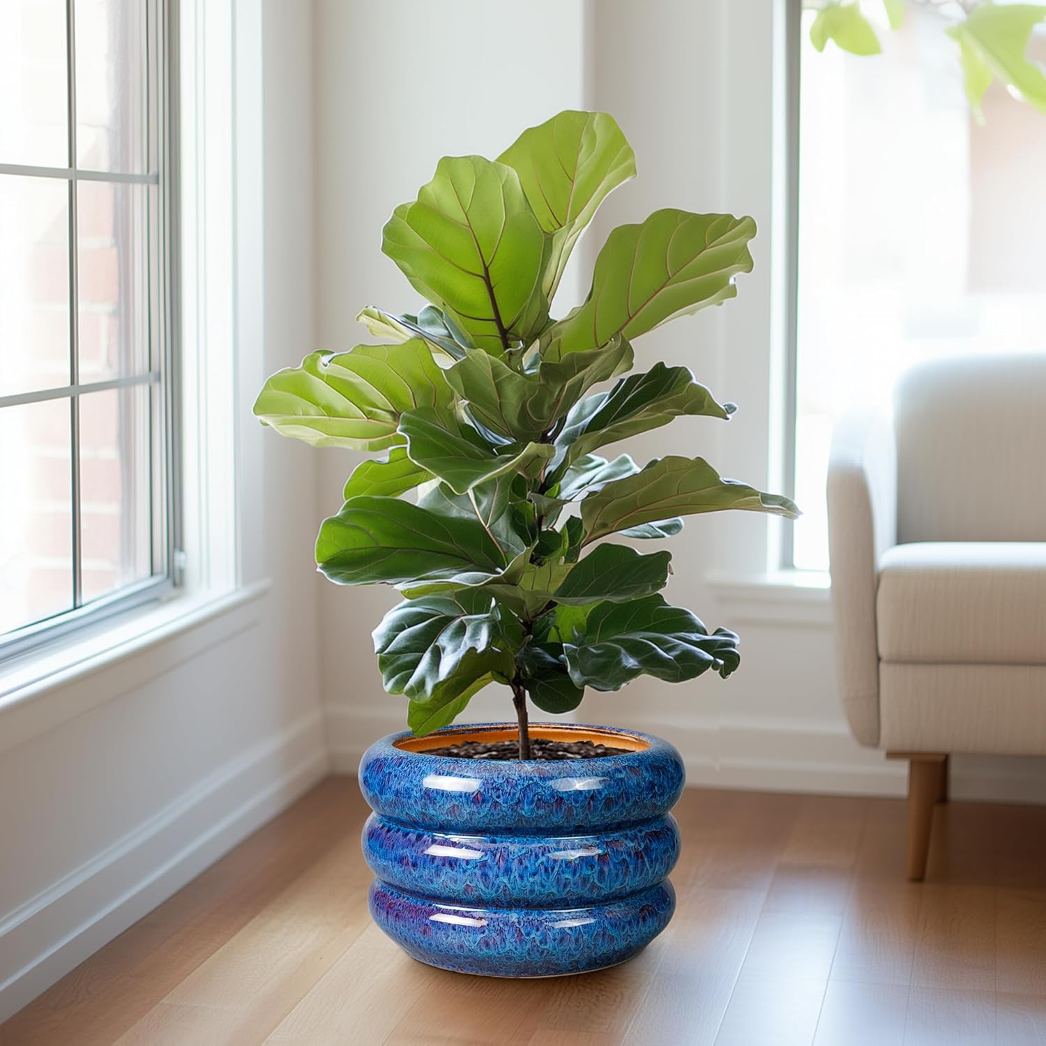 SQOWL Ceramic Pot for Plants 13.5 Inch - Outdoor Planter Large Plant Pot Indoor with Drainage Hole Round Flower Pot Mid-Century Planter for Patio Outdoor Decor Blue