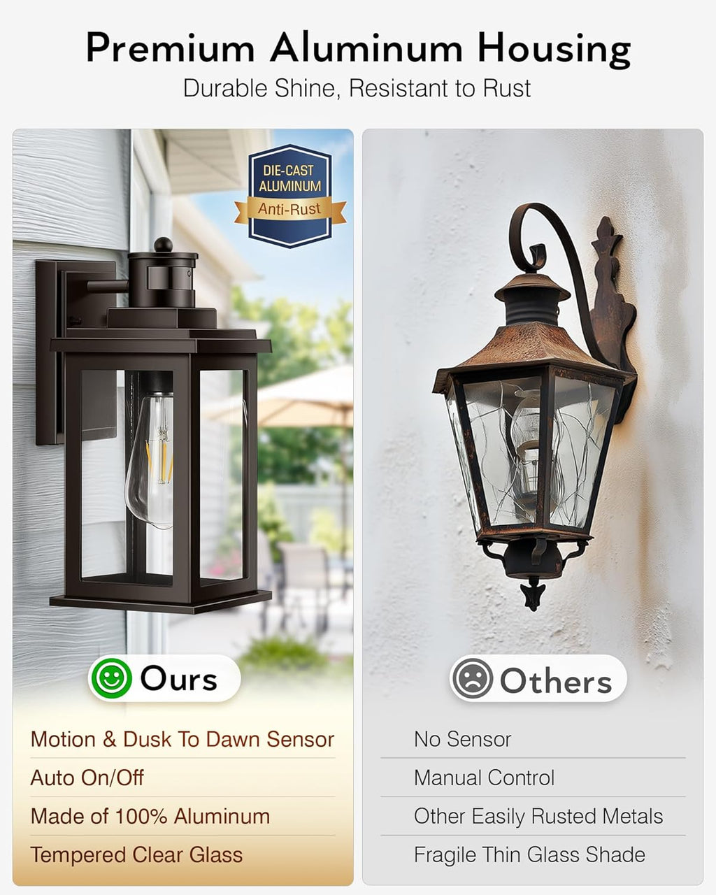 VIANIS 2 Pack Outdoor Lights for House, Brown Dusk to Dawn Motion Sensor Outdoor Light, Oil Rubbed Bronze Porch Lights Outdoor Lantern for Garden, Garage, Doorway, Aluminum,Hardwired, Non-Solar