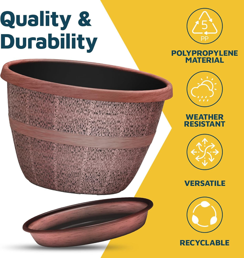 10-Inch Whiskey Barrel Planters Outdoor Pack of 5 - Durable Plastic Plant Pots for Indoor & Outdoor Use with Drainage & Saucer, Lightweight Rustic Barrel Planters for Flowers, Herbs & Small Plants