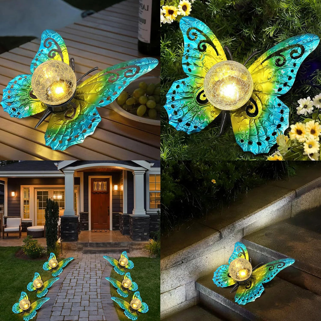 Solar Lights Outdoor Garden Butterfly Decor, Metal Butterfly Statue Decoration with LED Crackle Glass Globe, Solar Powered Lighted Garden Art Decor for Patio Lawn Yard Pathway Tabletop Ground