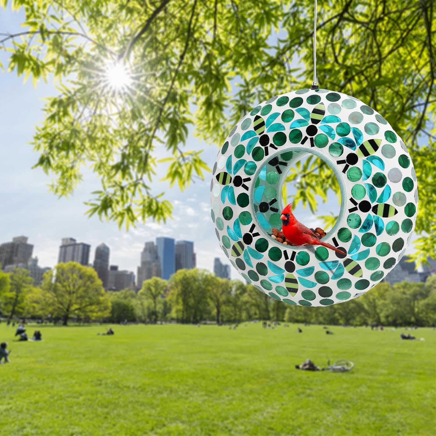 Yinns Bird Feeder - Fly Through Hanging Glass Large Bird Feeders for Outdoors Circle Wild Bird Mosaic Feeders Seed Container 9 inch