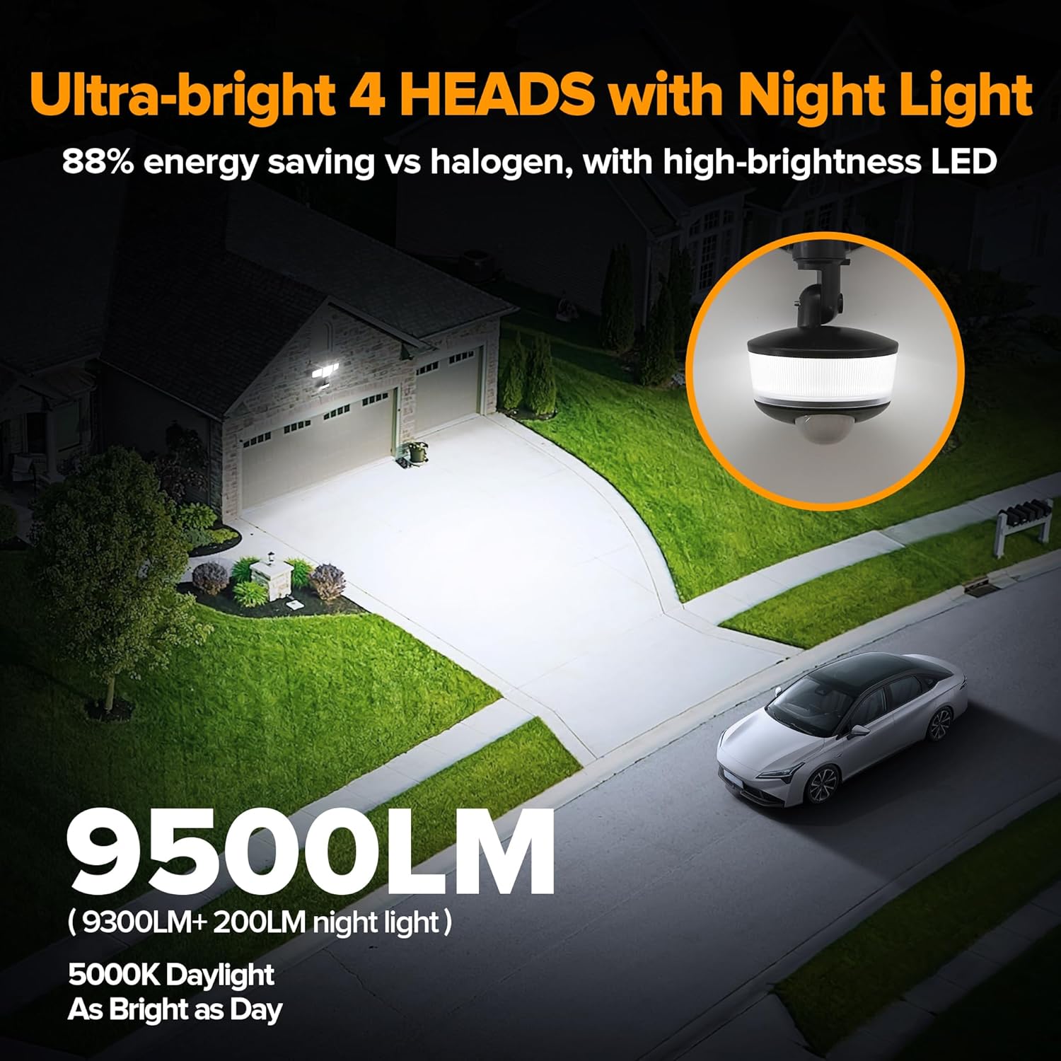 LUTEC 84W 9500LM LED Security Light Motion Sensor Outdoor Lights with Night Light, 4 Head LED Flood Lights Outdoor 5000K Daylight, IP65 Waterproof, Motion Detected Lights for Outside (Black)