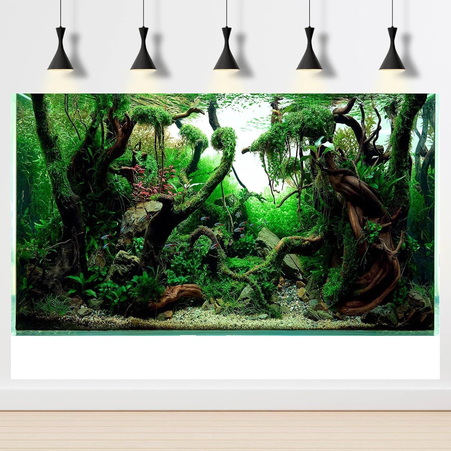 Fish Tank Background Underwater Pebble Grass Leaves Aquarium Background Vivid Fresh Green Aquatic Plant Stone River Bed Terrarium Background Deadwood Purple Leaves Tank Background 48x24in