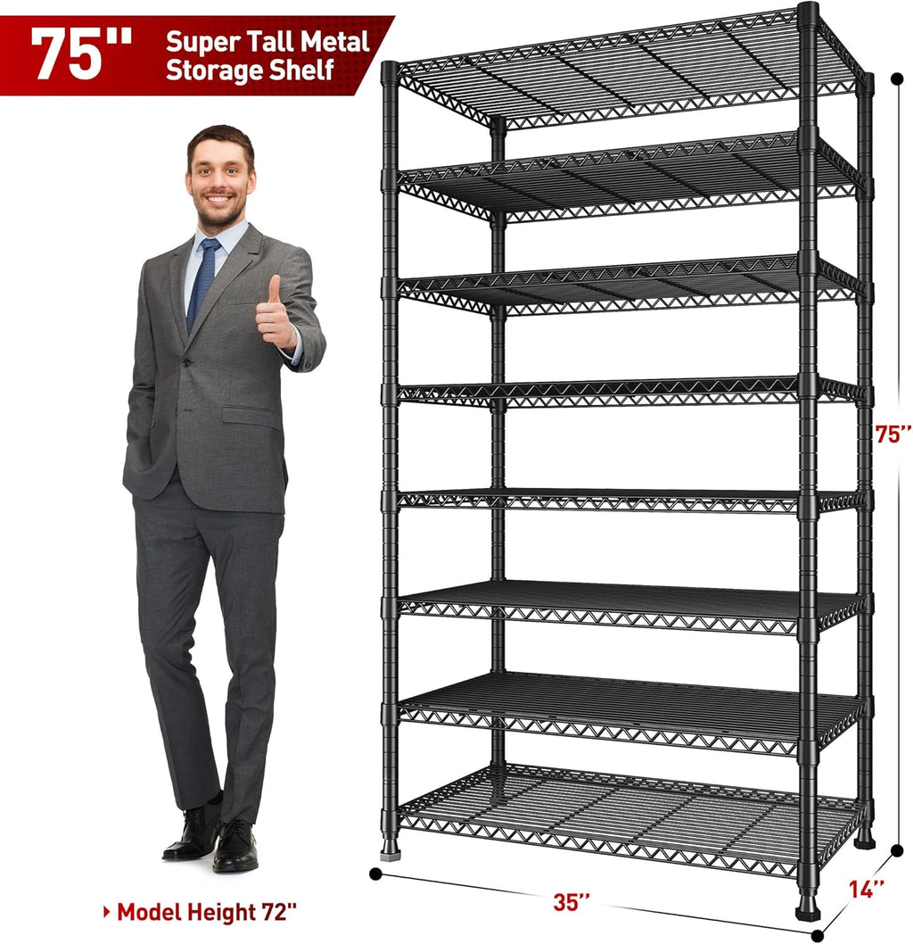 REIBII 8 Tier Metal Shelving 75"H Storage Shelves Tall Wire Shelving Unit Adjustable Detachable Storage Shelves for Laundry Pantry Kitchen Commercial school 1040LBS Storage Rack 75"H X 35"W X 14"D