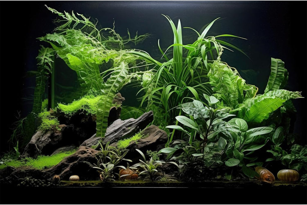 Aquarium Background Freshwater Green Plants Terrarium Background Aquatic Underwater Sea Grass Tank Background Wood Root Rock with Moss Jungle Style Fish Tank Background Poster Wallpaper 72x24in