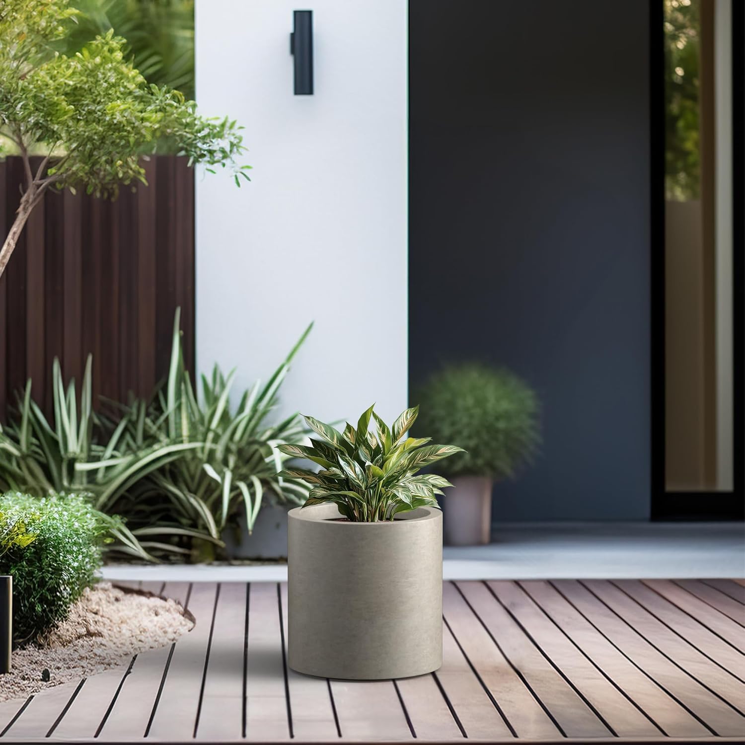 Kante 12.6" Dia Round Concrete Planter, Modern Style Large Cylindrical Plant Pot with Drainage Hole and Rubber Plug for Indoor Outdoor Patio, Weathered Concrete