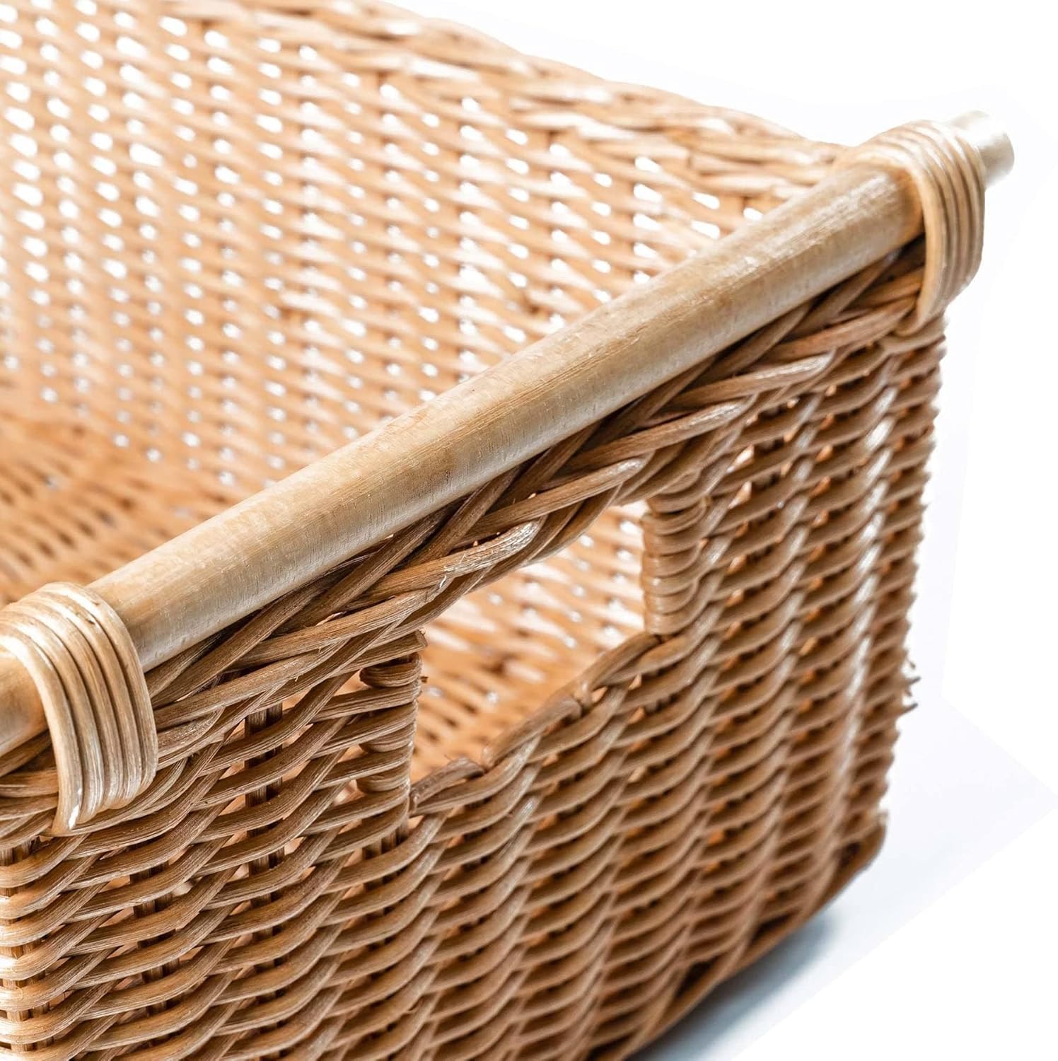 The Basket Lady Pole Handle Wicker Storage Basket, Large, 18 in L x 14.5 in W x 9 in H, Sandstone