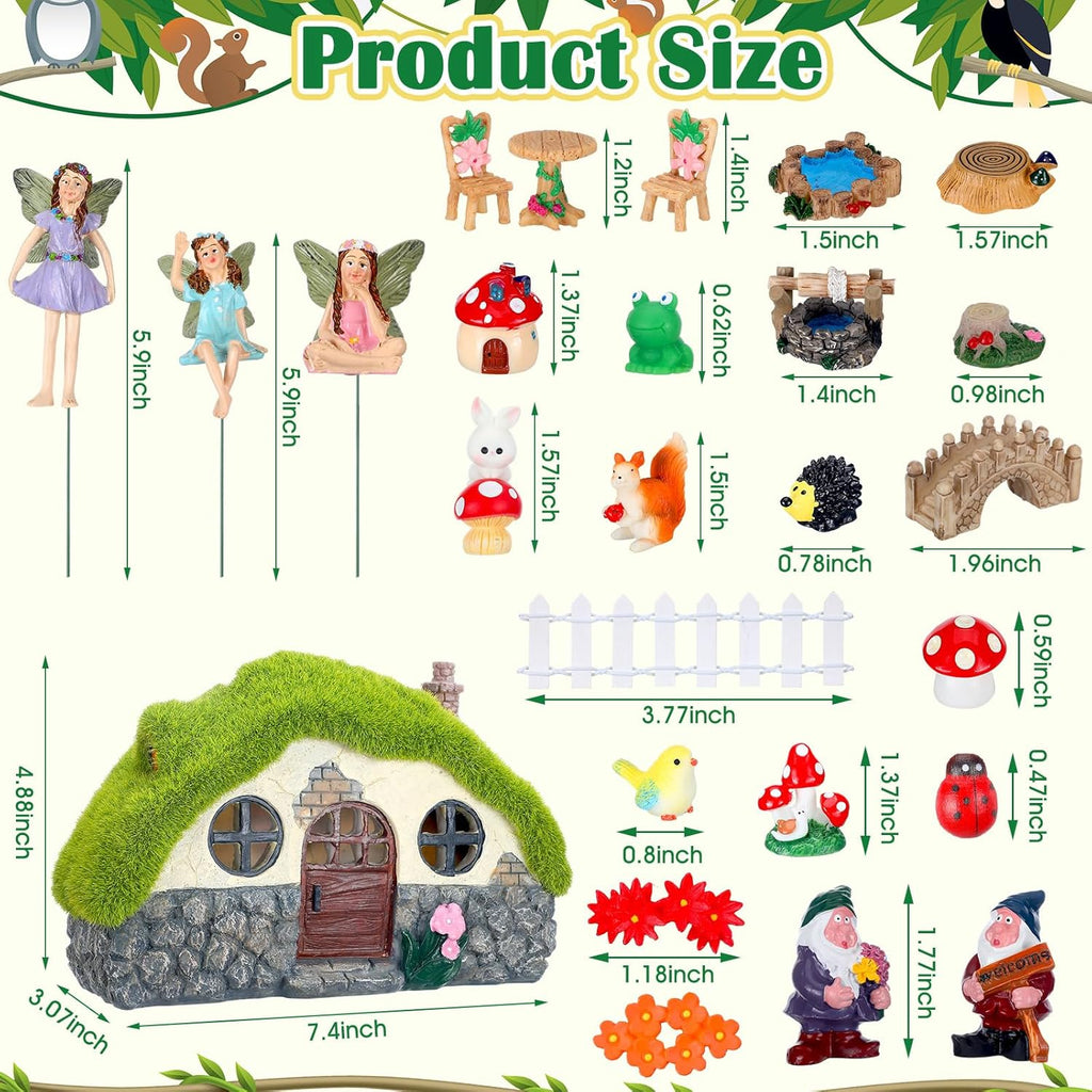 Suzile 50 Pcs Solar Fairy House Garden Accessories Light up Flocked Fairy House Garden Kit Green Resin Miniature Mushroom Figures Micro Landscape Ornament(Stone House)
