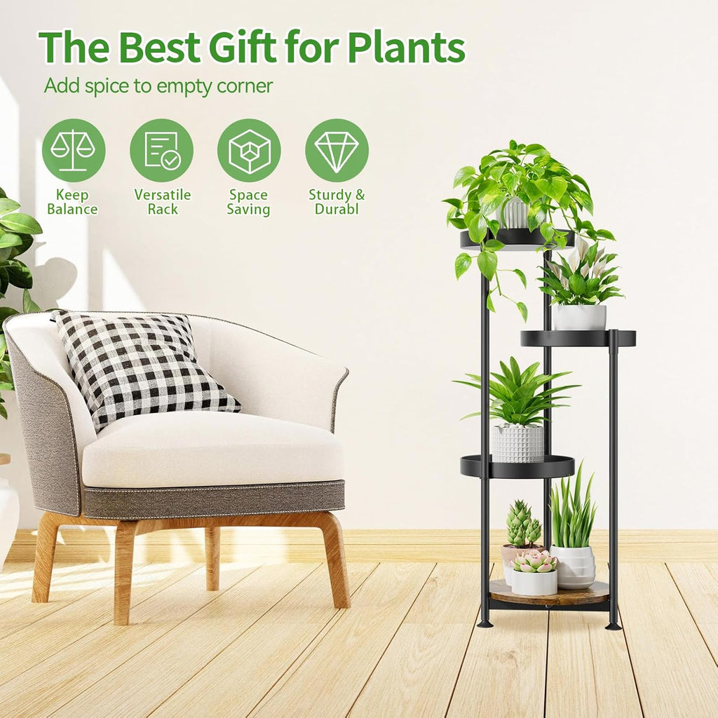 Plant Stand Indoor Outdoor Clearance, 4 Tier Metal Tall Flower Shelf Holder, Multiple Plant Round Corner Rack Organizer Display for Patio Orchid Office Porch Living Room Garden Balcony, Black